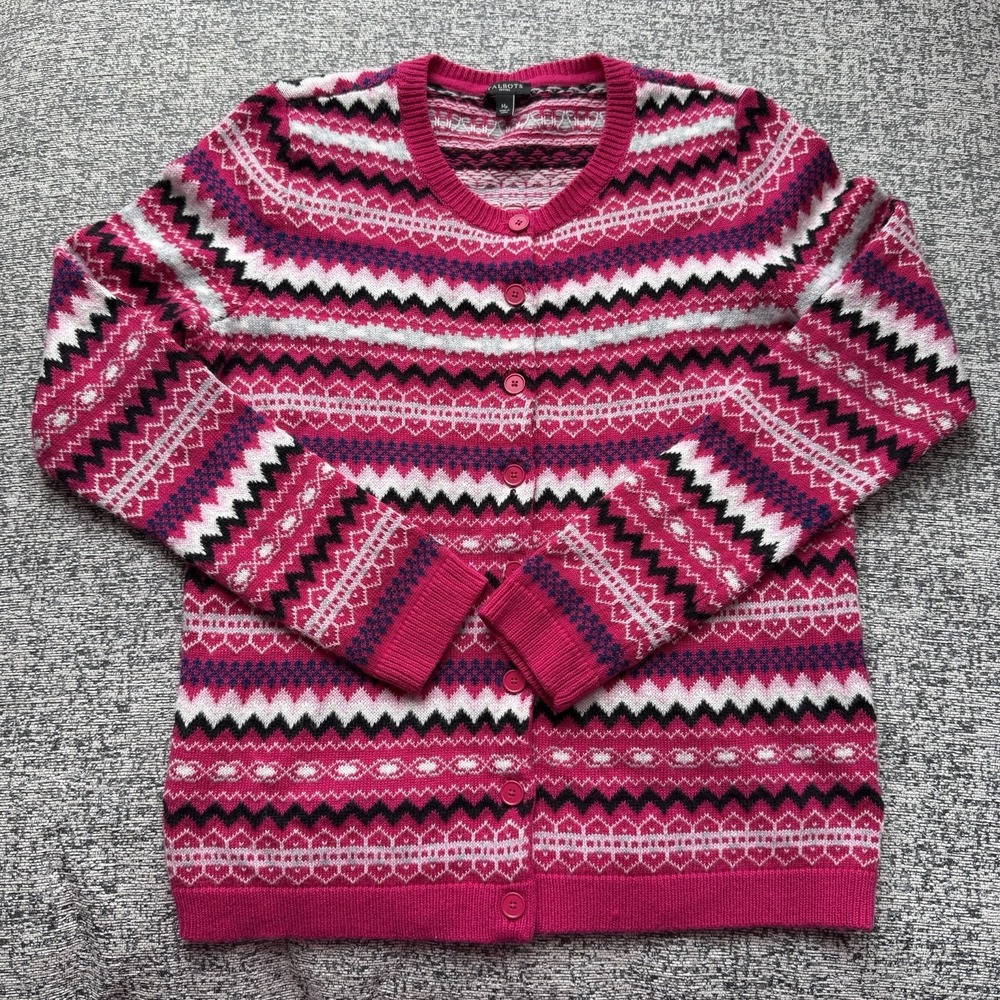Talbots Cozy Nordic Lambswool Blend Sweater Cardigan Pink Petite Medium Preppy
